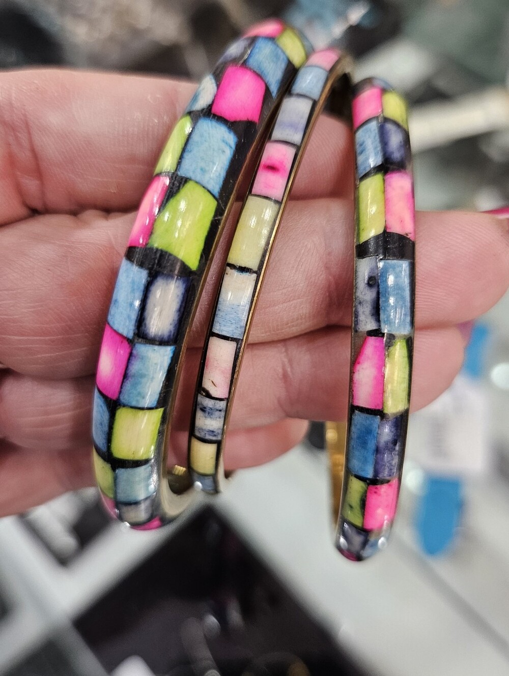 Mosaic Bangle Bracelets, Brass And Mosaic Bangles X3 - Picture 3 of 3